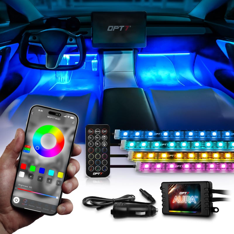 OPT7 Aura Pro Interior Car Lights with App & Remote Control, Multicolor Change, Music Sync Inside Ambient Lighting Kit, Car SUV Van Under Dash Decor, 12V Charger Adapter, 4PC Single Row LED Strip - Image 1